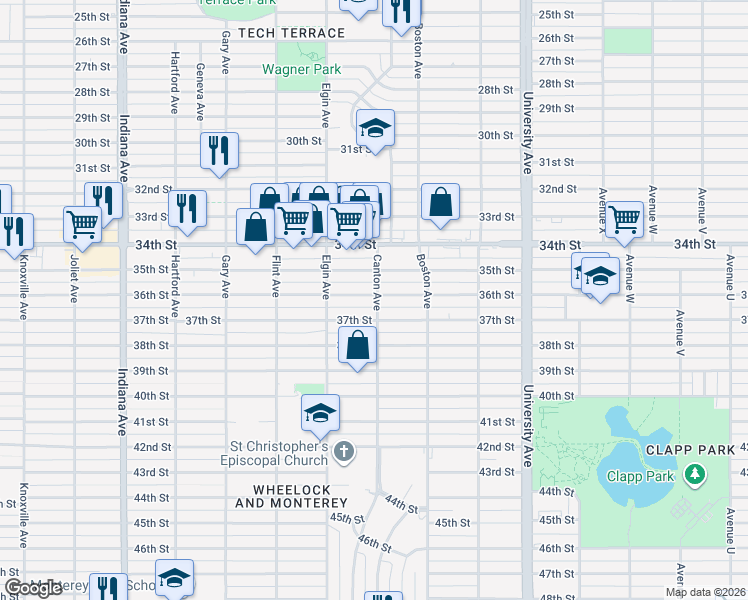 map of restaurants, bars, coffee shops, grocery stores, and more near 2802 37th Street in Lubbock