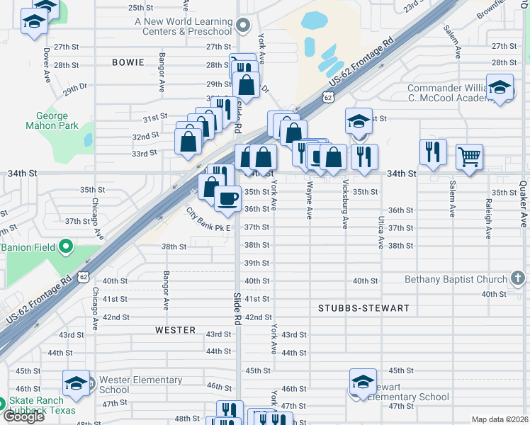 map of restaurants, bars, coffee shops, grocery stores, and more near 3602 York Avenue in Lubbock
