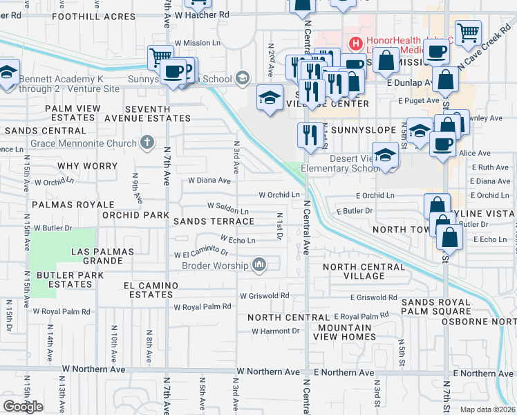 map of restaurants, bars, coffee shops, grocery stores, and more near 125 West Seldon Lane in Phoenix