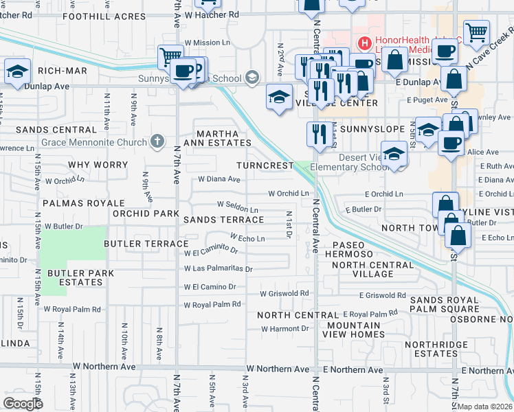 map of restaurants, bars, coffee shops, grocery stores, and more near 125 West Seldon Lane in Phoenix