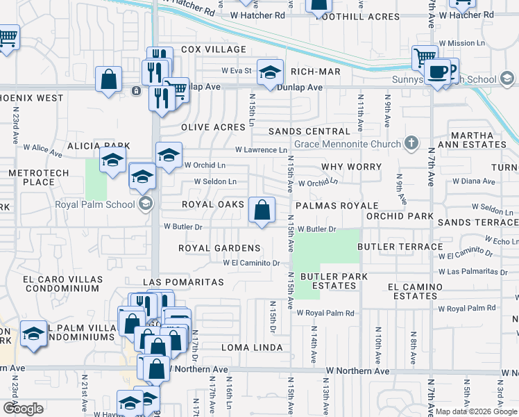 map of restaurants, bars, coffee shops, grocery stores, and more near 8515 North 16th Avenue in Phoenix
