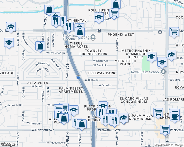 map of restaurants, bars, coffee shops, grocery stores, and more near 2519 West Seldon Lane in Phoenix