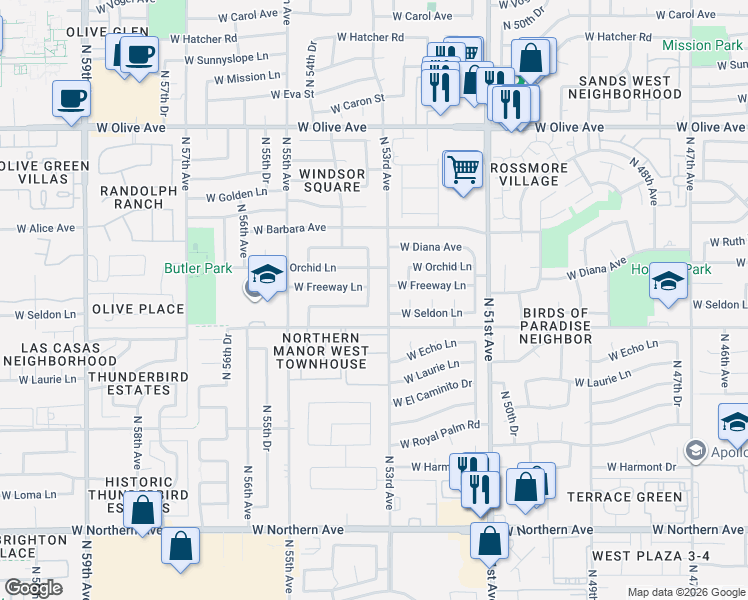 map of restaurants, bars, coffee shops, grocery stores, and more near 5329 West Seldon Lane in Glendale