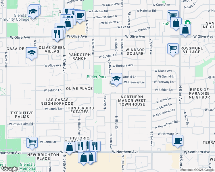 map of restaurants, bars, coffee shops, grocery stores, and more near 5656 West Evergreen Road in Glendale