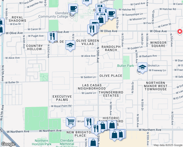 map of restaurants, bars, coffee shops, grocery stores, and more near 5936 West Seldon Lane in Glendale