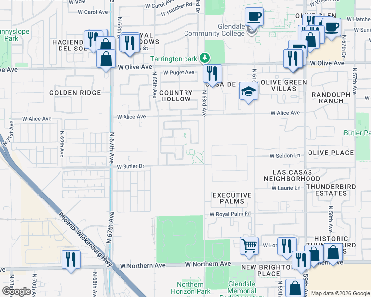 map of restaurants, bars, coffee shops, grocery stores, and more near 8524 North 64th Avenue in Glendale