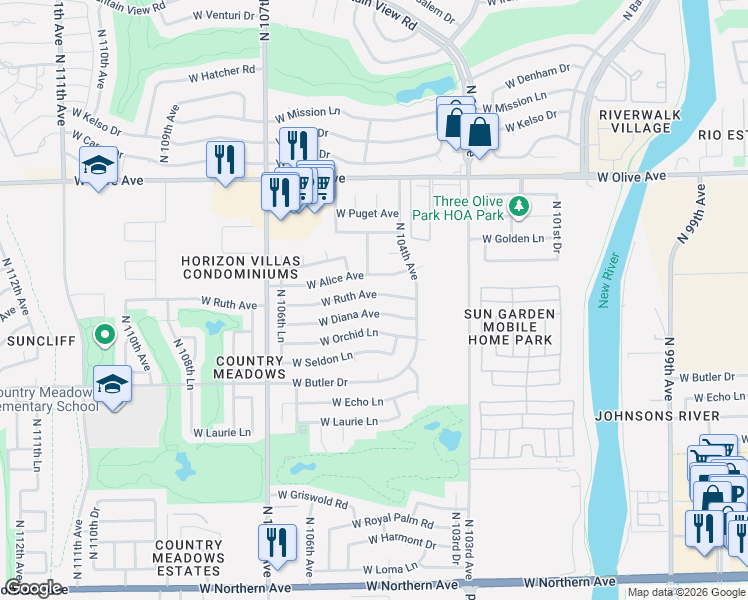 map of restaurants, bars, coffee shops, grocery stores, and more near 10448 West Diana Avenue in Peoria