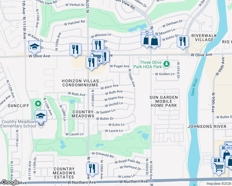 map of restaurants, bars, coffee shops, grocery stores, and more near 10448 West Diana Avenue in Peoria