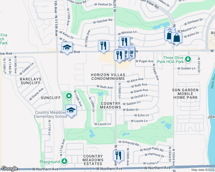 map of restaurants, bars, coffee shops, grocery stores, and more near 10745 West Ruth Avenue in Peoria
