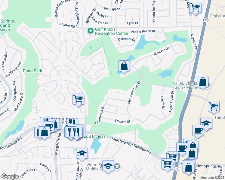map of restaurants, bars, coffee shops, grocery stores, and more near 38525 Clearbrook Drive in Murrieta