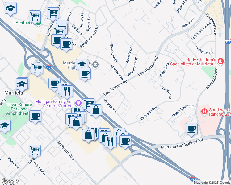 map of restaurants, bars, coffee shops, grocery stores, and more near 40920 Los Alamos Road in Murrieta