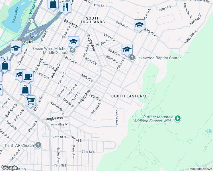map of restaurants, bars, coffee shops, grocery stores, and more near 8015 8th Avenue South in Birmingham
