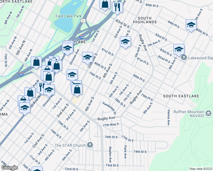 map of restaurants, bars, coffee shops, grocery stores, and more near 7837 5th Avenue South in Birmingham