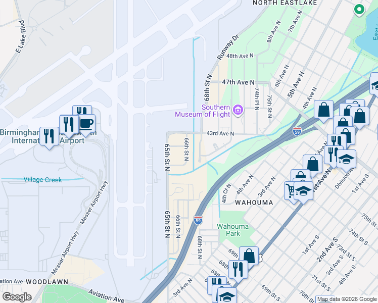 map of restaurants, bars, coffee shops, grocery stores, and more near 4113 66th Street North in Birmingham