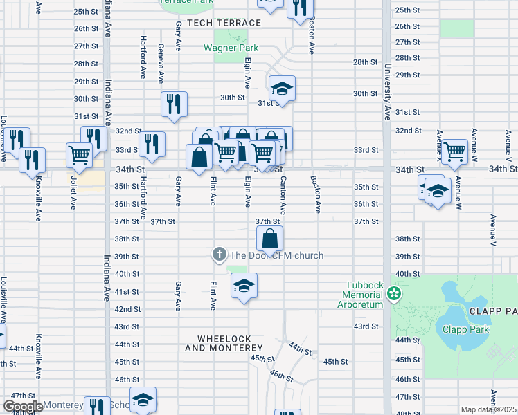 map of restaurants, bars, coffee shops, grocery stores, and more near 2815 36th Street in Lubbock
