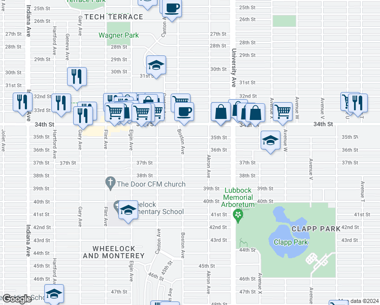 map of restaurants, bars, coffee shops, grocery stores, and more near 2615 36th Street in Lubbock