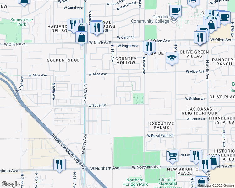 map of restaurants, bars, coffee shops, grocery stores, and more near 6474 West Freeway Lane in Glendale