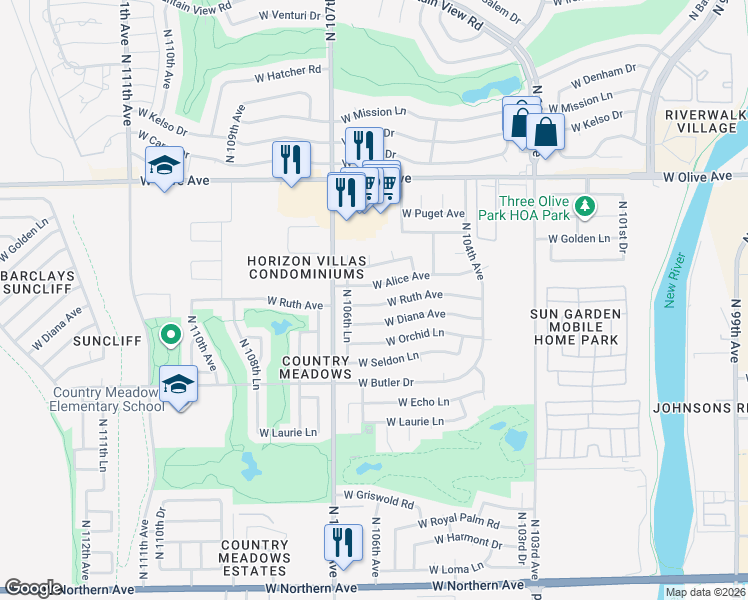 map of restaurants, bars, coffee shops, grocery stores, and more near 10621 West Ruth Avenue in Peoria