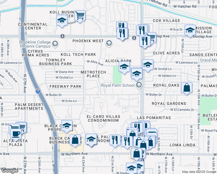 map of restaurants, bars, coffee shops, grocery stores, and more near 2122 West Butler Drive in Phoenix
