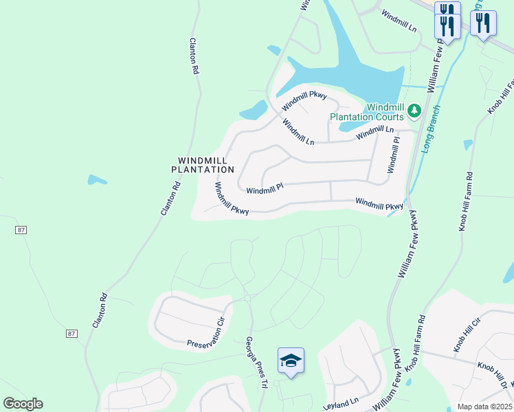 map of restaurants, bars, coffee shops, grocery stores, and more near 954 Windmill Parkway in Evans