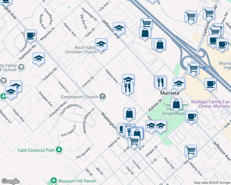 map of restaurants, bars, coffee shops, grocery stores, and more near 41780 Hutchison Court in Murrieta