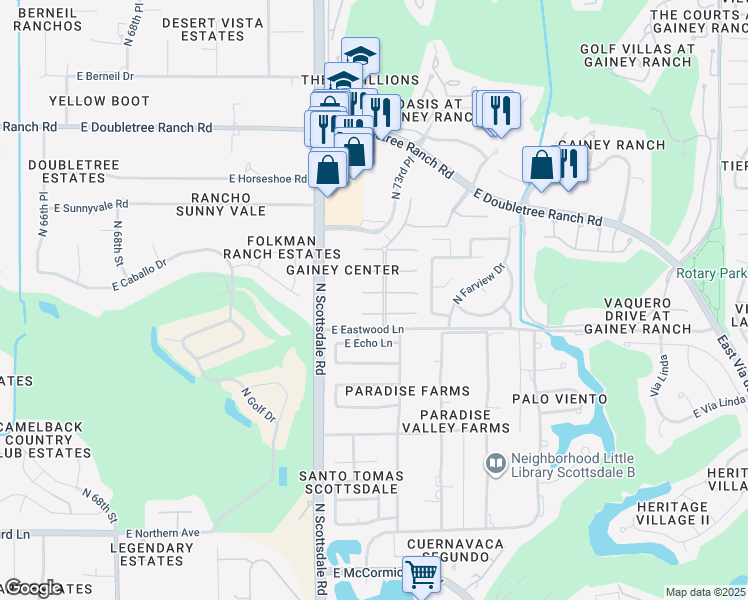 map of restaurants, bars, coffee shops, grocery stores, and more near 7284 East Vaquero Drive in Scottsdale