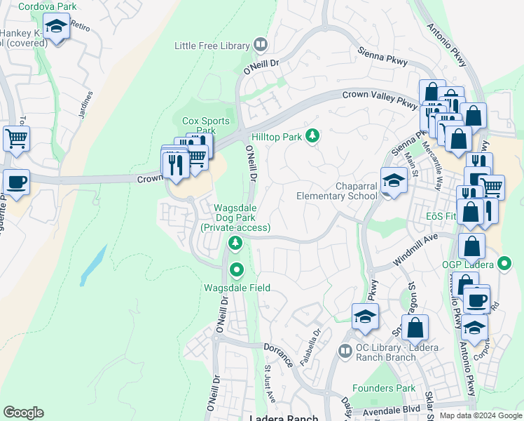 map of restaurants, bars, coffee shops, grocery stores, and more near 24 Tisbury Way in Ladera Ranch