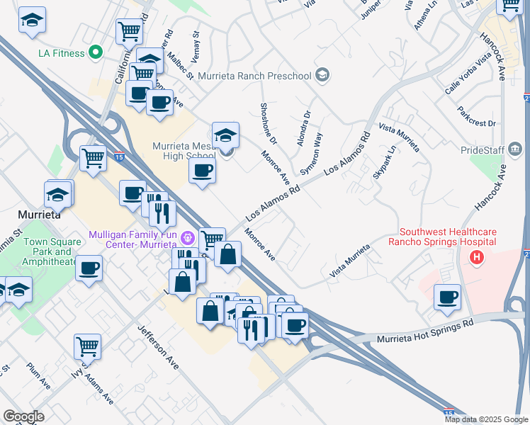 map of restaurants, bars, coffee shops, grocery stores, and more near 40920 Los Alamos Road in Murrieta