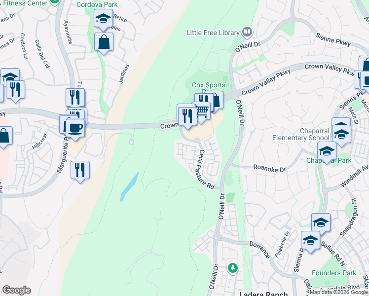 map of restaurants, bars, coffee shops, grocery stores, and more near 32 Garrison Loop in Ladera Ranch