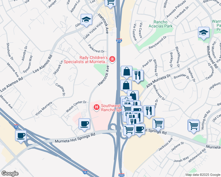 map of restaurants, bars, coffee shops, grocery stores, and more near 25240 Hancock Avenue in Murrieta