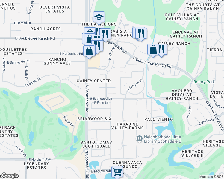 map of restaurants, bars, coffee shops, grocery stores, and more near 7364 East Vaquero Drive in Scottsdale