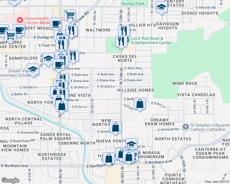 map of restaurants, bars, coffee shops, grocery stores, and more near 1130 East Butler Drive in Phoenix