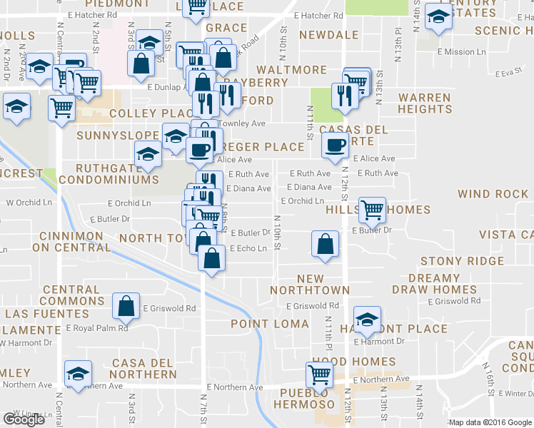 map of restaurants, bars, coffee shops, grocery stores, and more near 912 E Seldon Ln in Phoenix