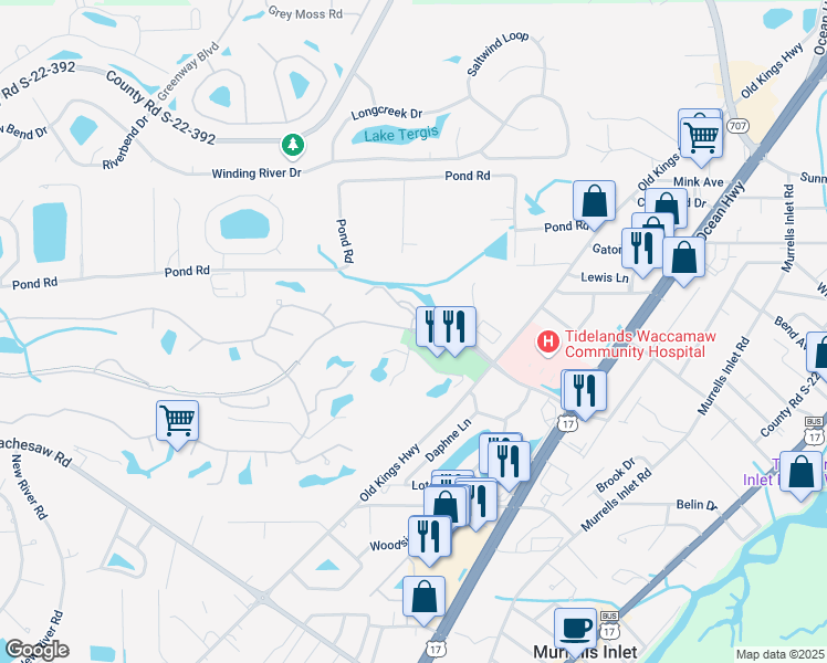 map of restaurants, bars, coffee shops, grocery stores, and more near 4401 Lady Banks Lane in Murrells Inlet