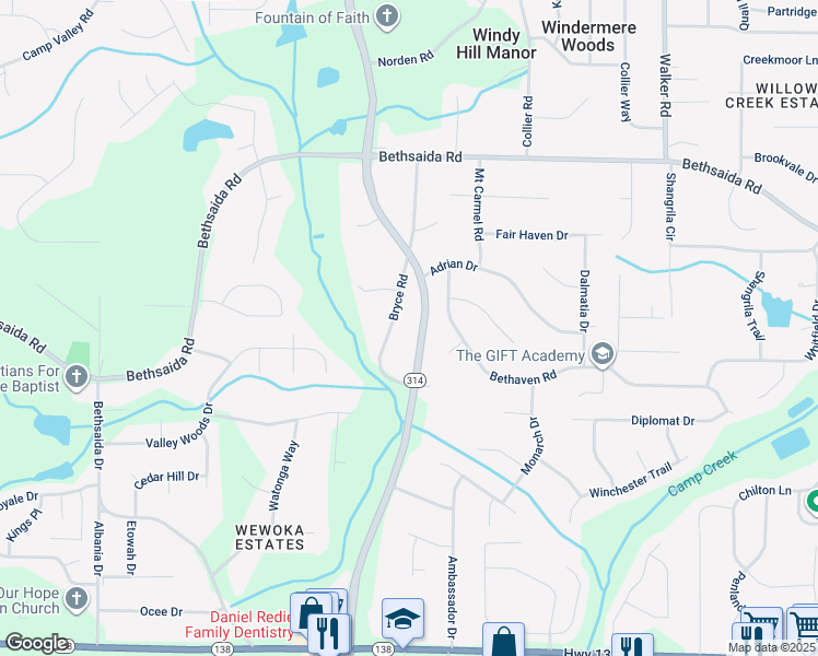 map of restaurants, bars, coffee shops, grocery stores, and more near 7125 West Fayetteville Road in Riverdale