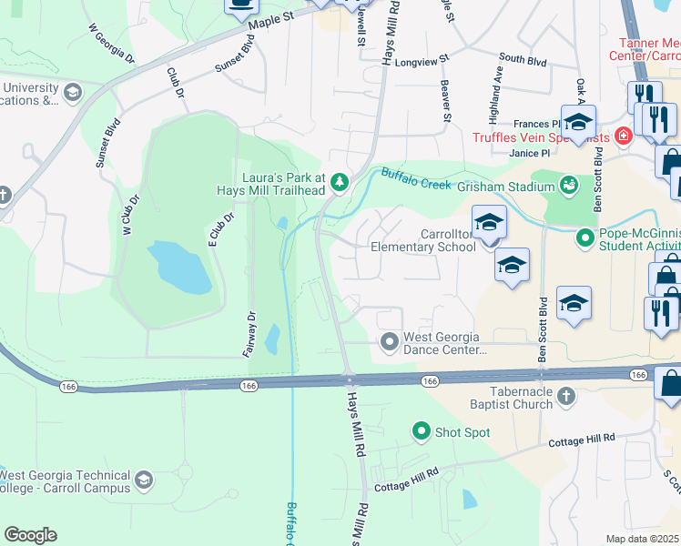map of restaurants, bars, coffee shops, grocery stores, and more near 74 Old Mill Court in Carrollton