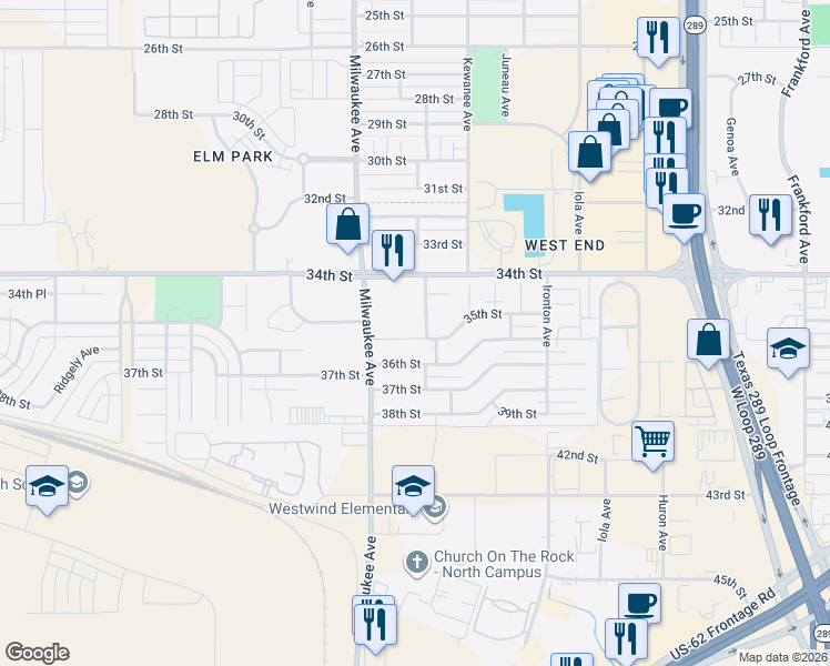 map of restaurants, bars, coffee shops, grocery stores, and more near 6404 35th Street in Lubbock