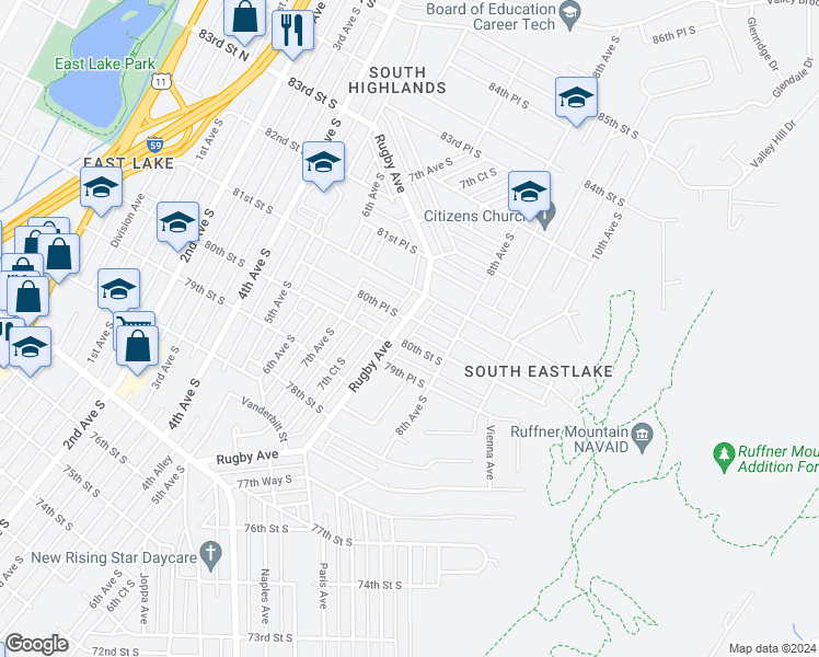 map of restaurants, bars, coffee shops, grocery stores, and more near 8013 Rugby Avenue in Birmingham