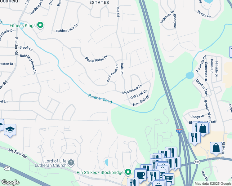map of restaurants, bars, coffee shops, grocery stores, and more near 3433 Mosswood Lane in Rex