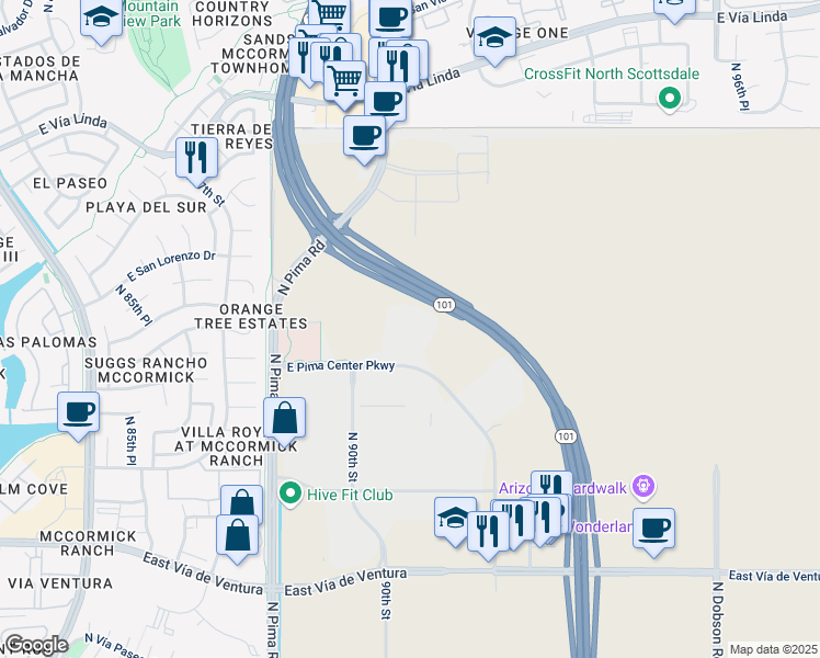 map of restaurants, bars, coffee shops, grocery stores, and more near 9000 East Pima Center Parkway in Scottsdale