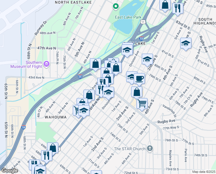 map of restaurants, bars, coffee shops, grocery stores, and more near 1st Avenue North & Oporto Madrid Boulevard in Birmingham