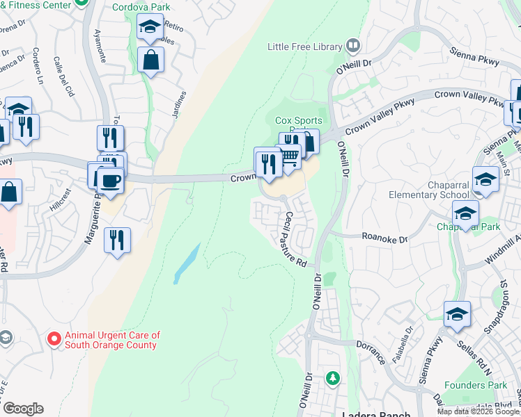 map of restaurants, bars, coffee shops, grocery stores, and more near 14 Garrison Loop in Ladera Ranch
