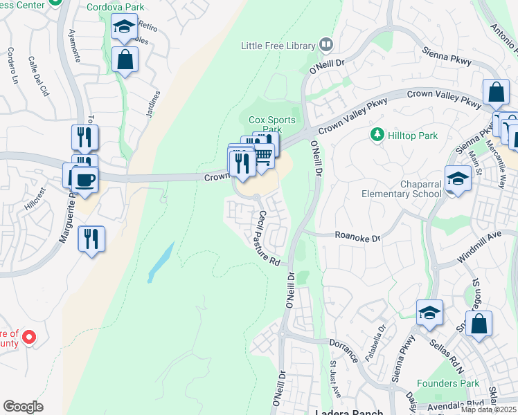 map of restaurants, bars, coffee shops, grocery stores, and more near 6 Chadron Circle in Mission Viejo