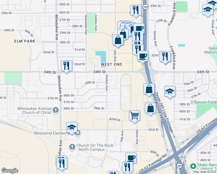 map of restaurants, bars, coffee shops, grocery stores, and more near 6118 36th Street in Lubbock