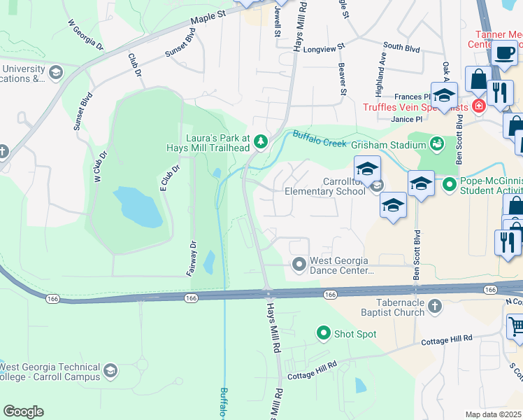 map of restaurants, bars, coffee shops, grocery stores, and more near 74 Old Mill Court in Carrollton