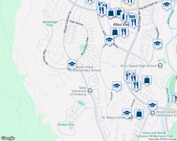 map of restaurants, bars, coffee shops, grocery stores, and more near 174 Trofello Lane in Aliso Viejo