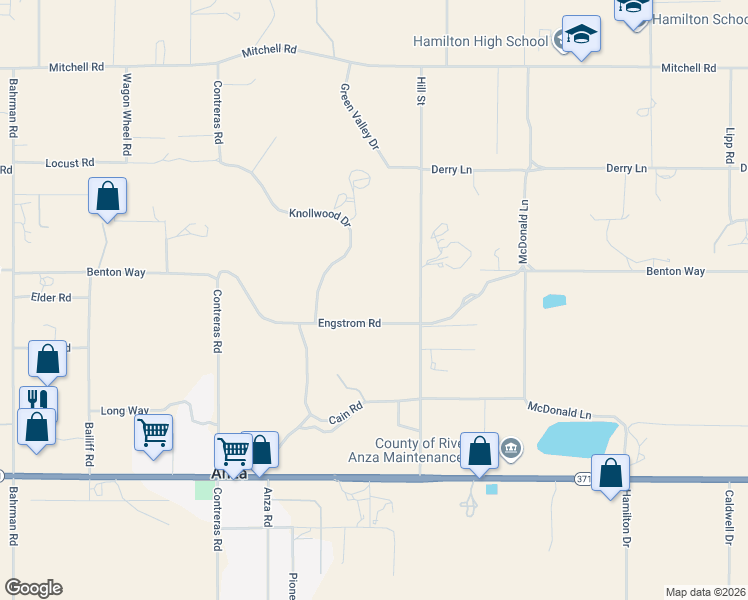 map of restaurants, bars, coffee shops, grocery stores, and more near 56874 Engstrom Road in Anza