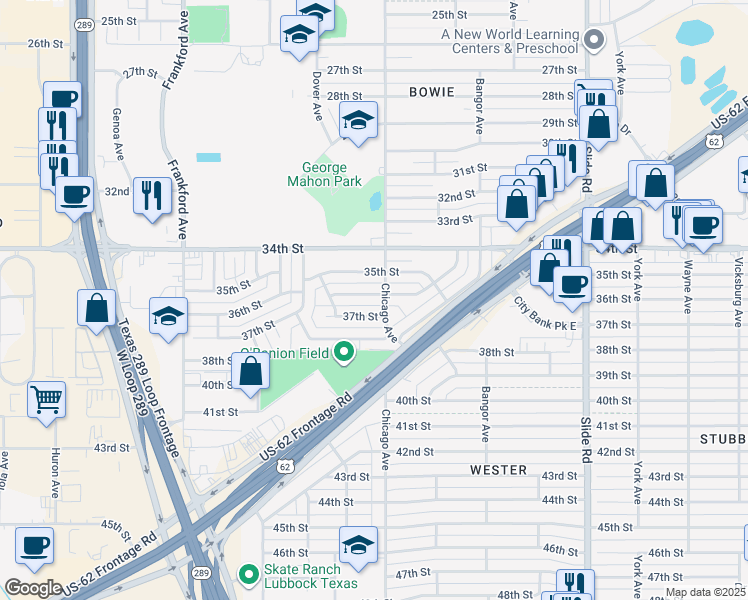 map of restaurants, bars, coffee shops, grocery stores, and more near 3607 Chicago Avenue in Lubbock