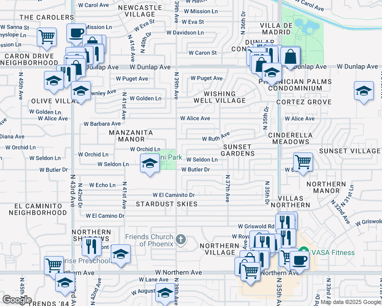 map of restaurants, bars, coffee shops, grocery stores, and more near 3821 West Diana Avenue in Phoenix