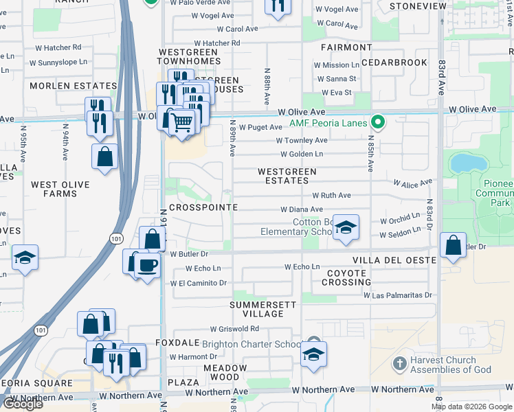 map of restaurants, bars, coffee shops, grocery stores, and more near 8821 West Diana Avenue in Peoria